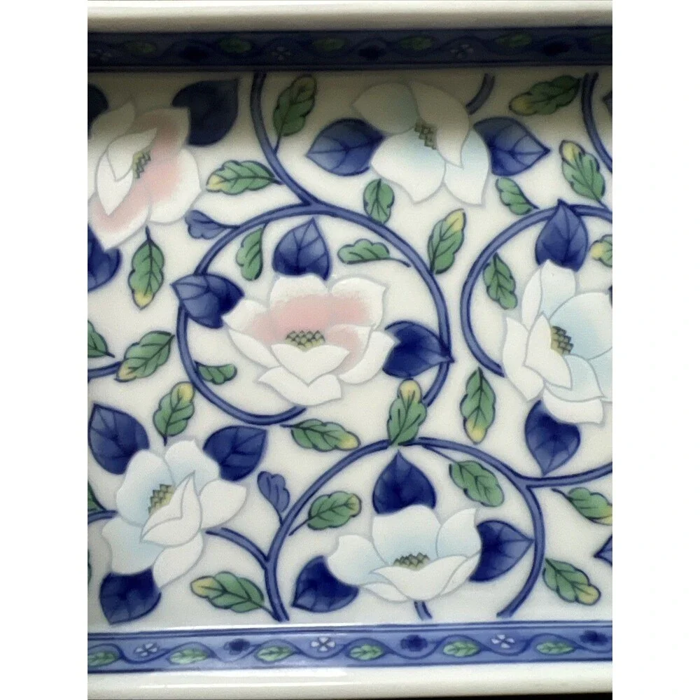 VTG Japanese Porcelain Rectangular Tray Lotus Floral Pink Blue Design Trinket